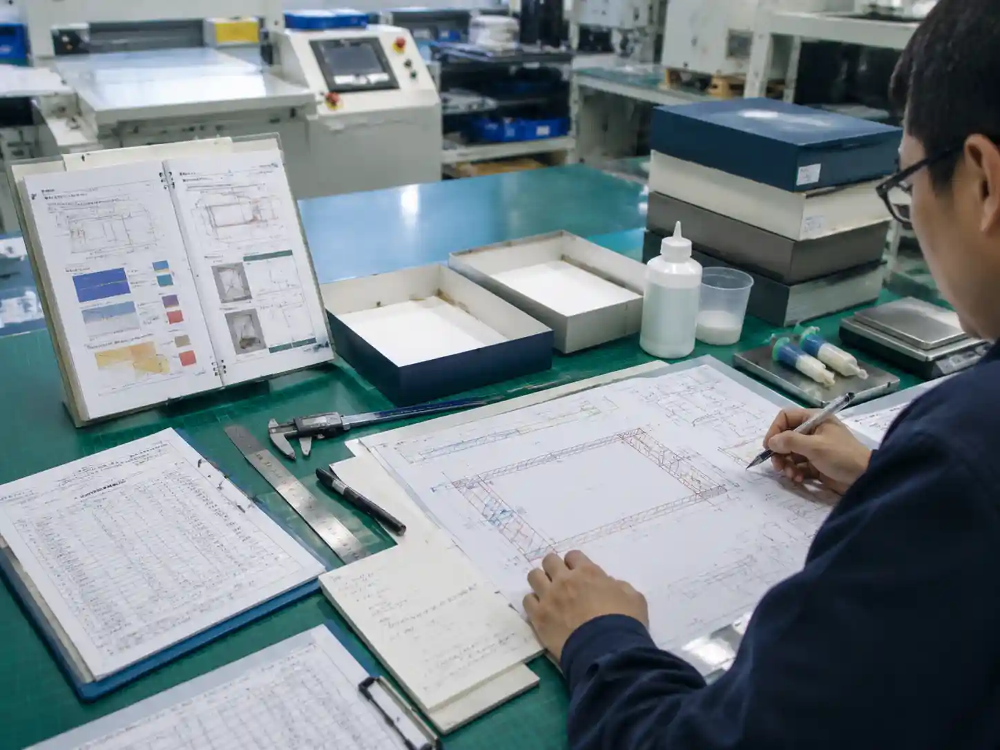 Packaging engineers planning adhesive application control for wrapped rigid boxes