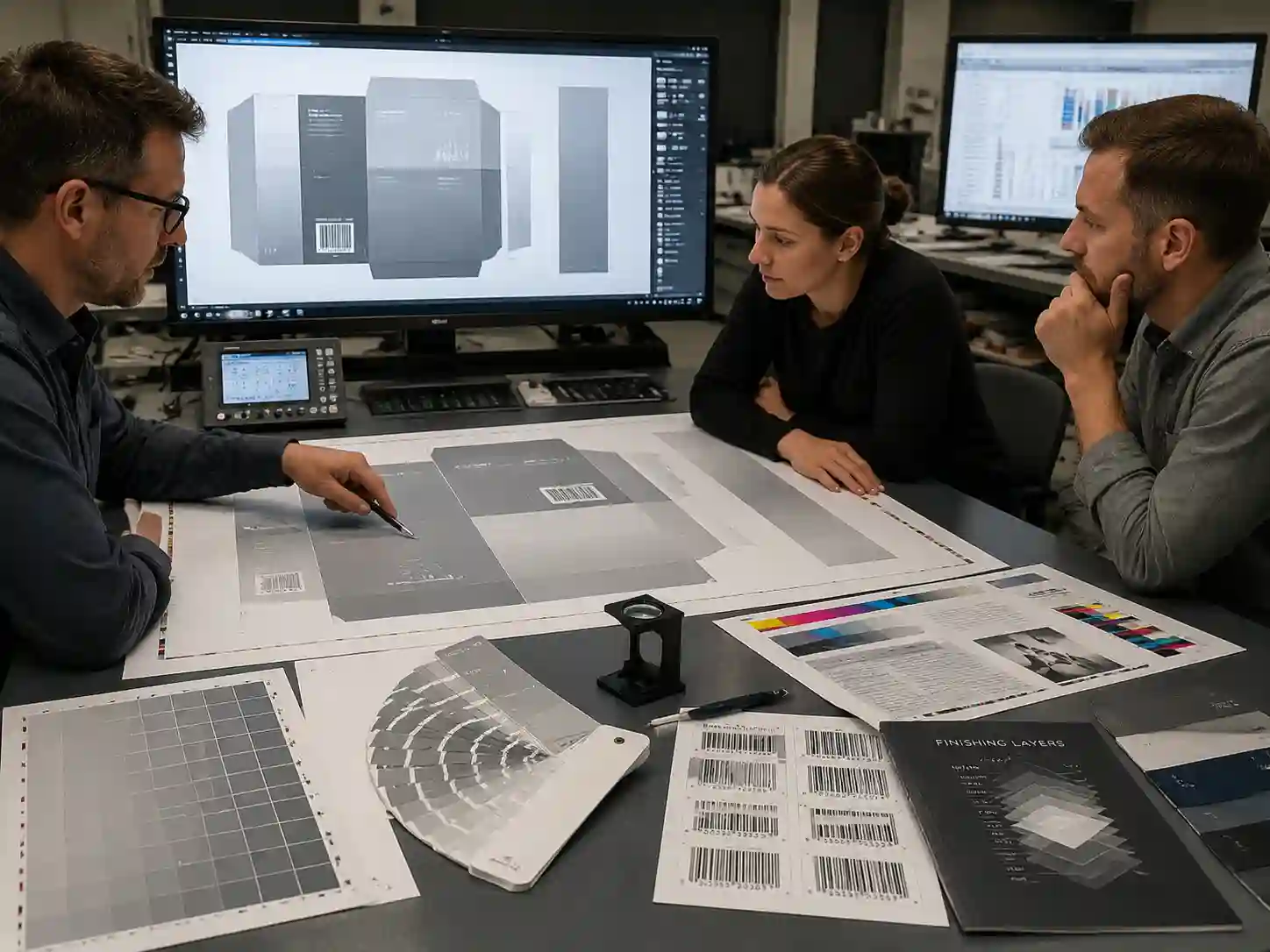 Packaging designers reviewing neutral gray color control, CMYK proofs, dielines, and finishing layers for large printed panels.