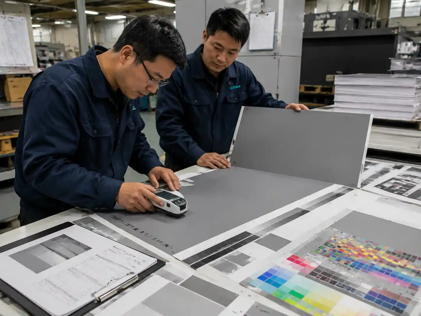Packaging engineers validating printed gray panel samples with color checks and production planning documents.