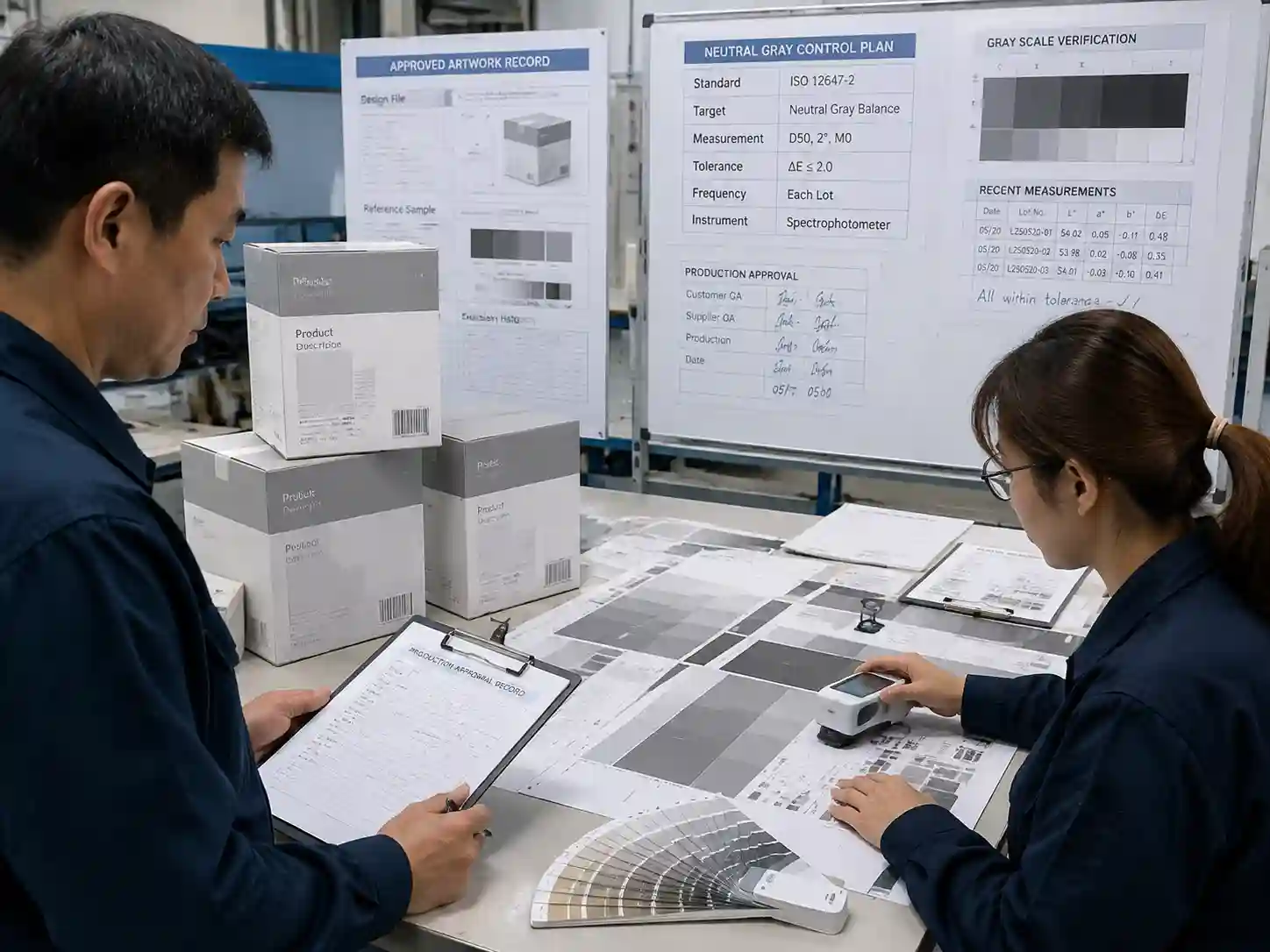 QC staff reviewing gray panel inspection records, measurements, and packaging approval documents.
