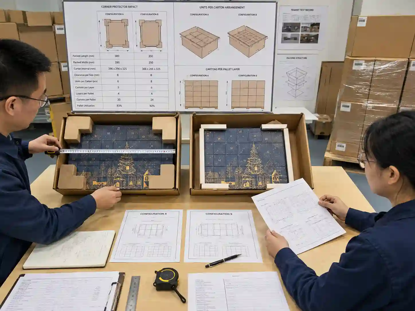 Packaging specialists compare corner protector carton dimensions, master carton clearance and pallet efficiency for advent calendar boxes.