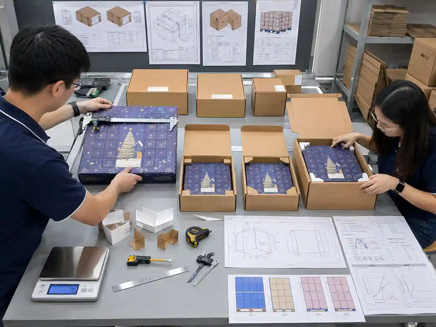 Packaging engineer measures an advent calendar with corner protectors and validates master carton fit, clearance and packing efficiency.