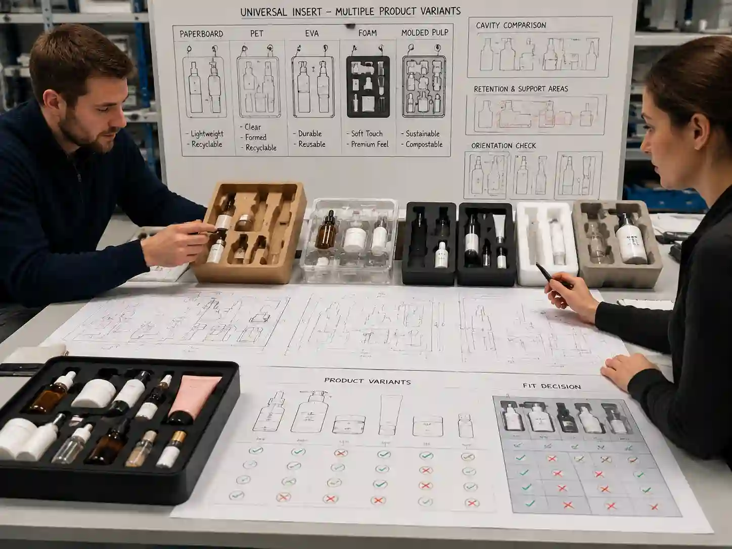 Packaging engineers reviewing a universal insert design for multiple product variants with cavity samples and product fit comparisons
