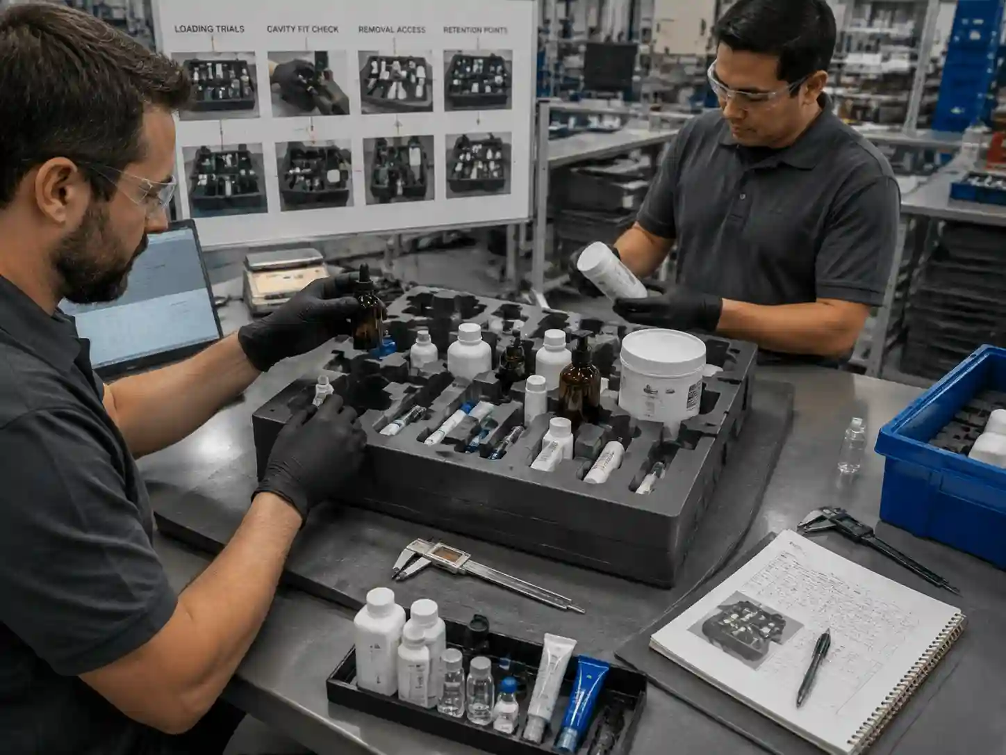 Factory engineering team testing a universal insert prototype with multiple product variants and fit validation samples
