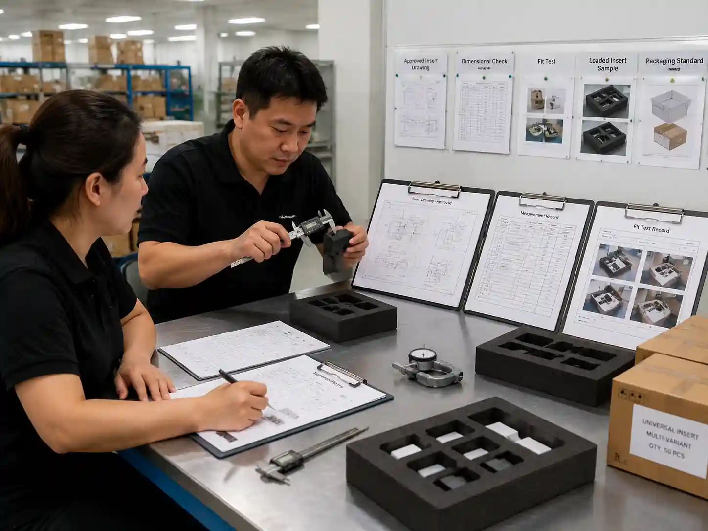 Quality control inspection of universal insert samples using measurements, records, and packaging verification documents