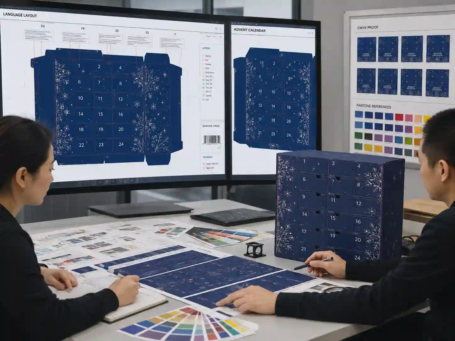 Packaging designers reviewing multilingual artwork placement for small advent calendar compartments using dielines and print proofs.