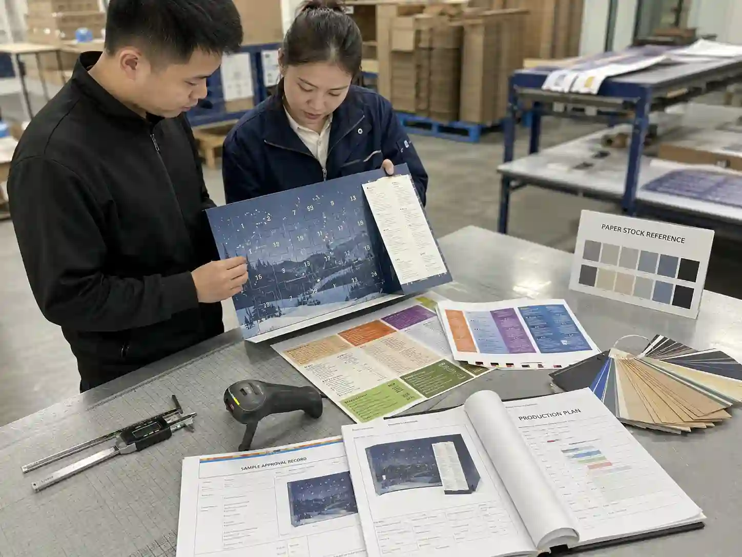 Packaging engineers validating multilingual printed samples for small compartments before production.