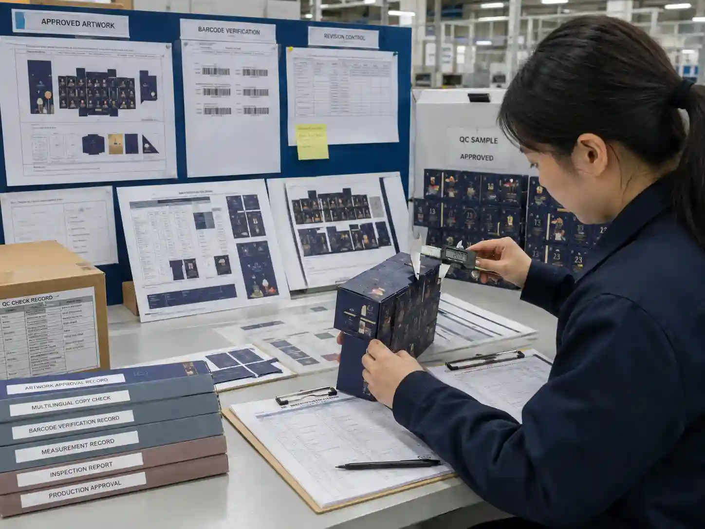 Quality control team verifying multilingual artwork documentation and printed packaging samples before production approval.
