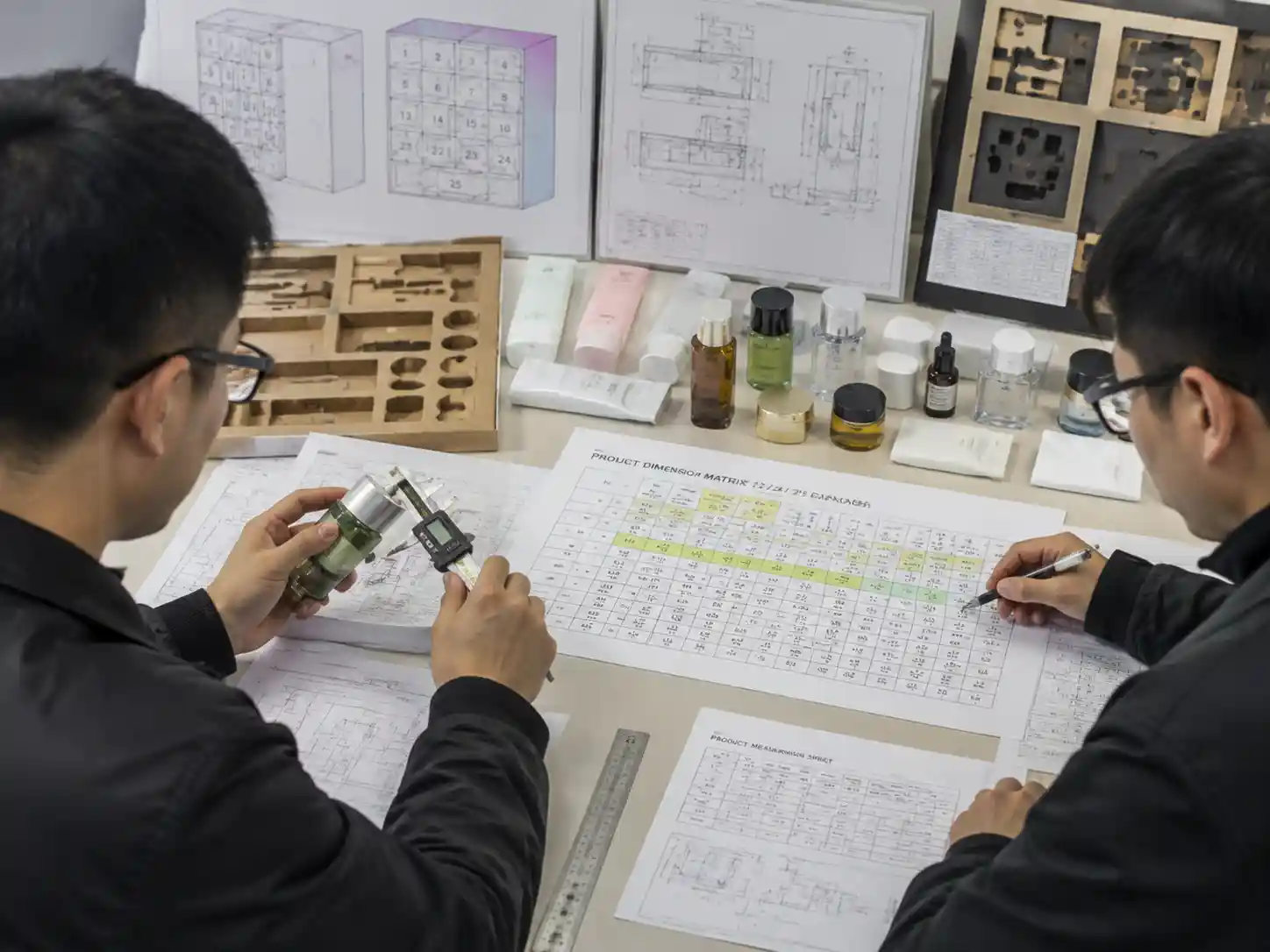 Packaging engineers creating a product dimension matrix using measurements, cavity drawings, and insert prototypes for advent calendar compartments.