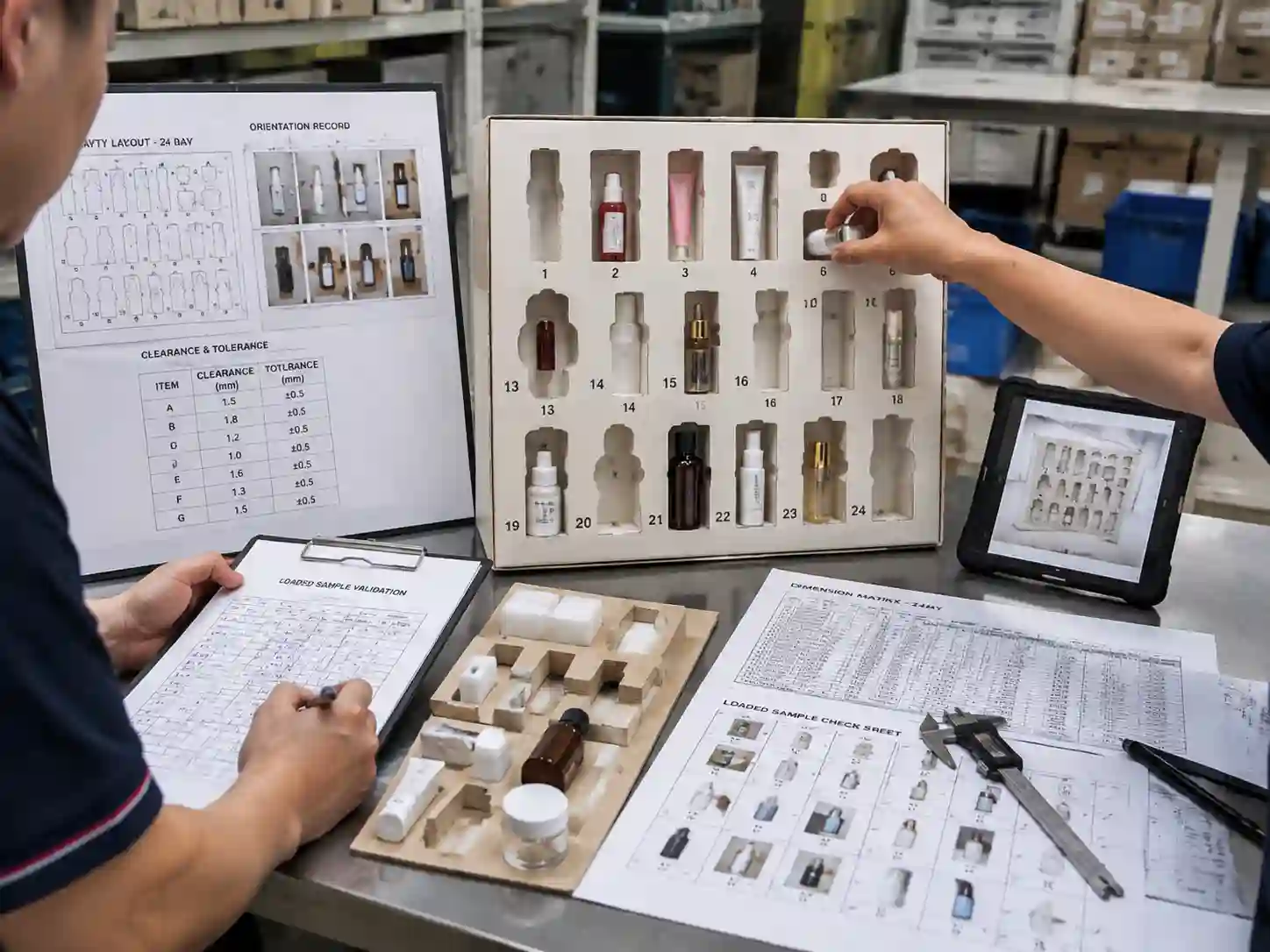 Engineering team validating advent calendar insert prototypes using product dimensions, cavity layouts, and sample testing records.