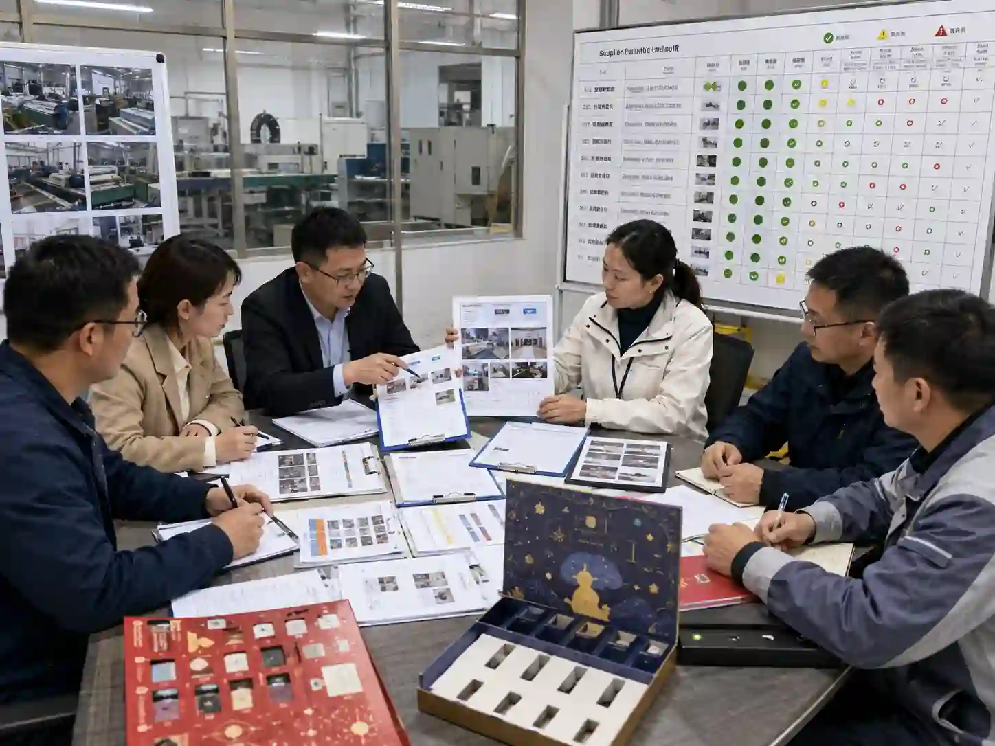 Packaging sourcing team reviewing a seasonal packaging supplier scorecard using factory, PO, inspection and capacity evidence.