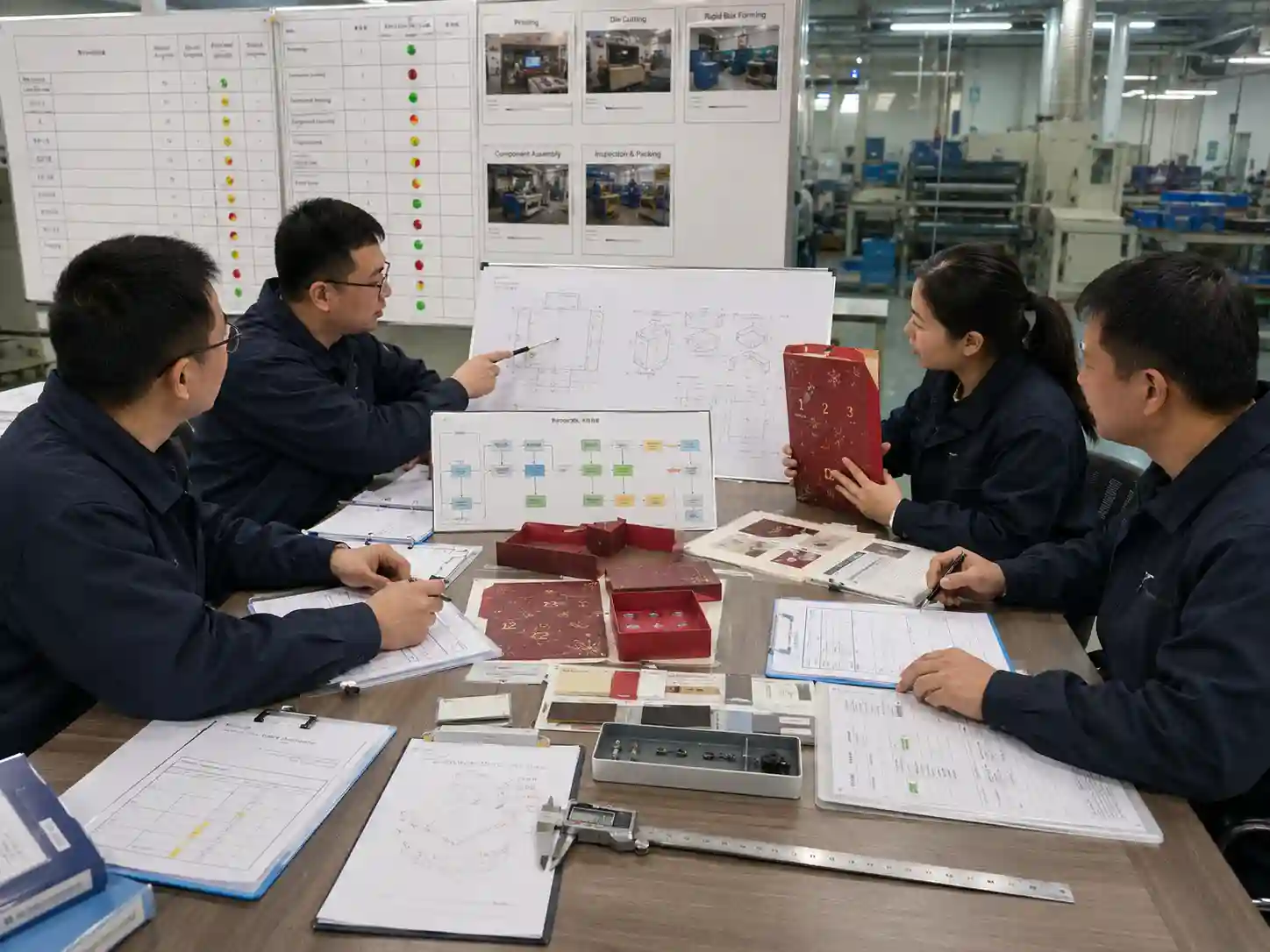 Packaging engineers verifying production routing, specifications and capacity evidence for a seasonal packaging supplier evaluation.