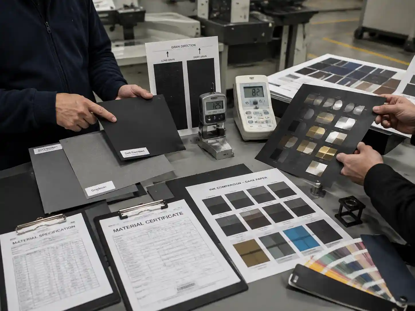 Packaging engineers reviewing dark paper foil and ink printing samples with material evidence and color accuracy checks.