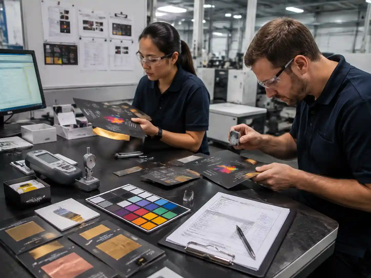 Technicians testing dark paper printing samples for foil adhesion, ink coverage, and color consistency.