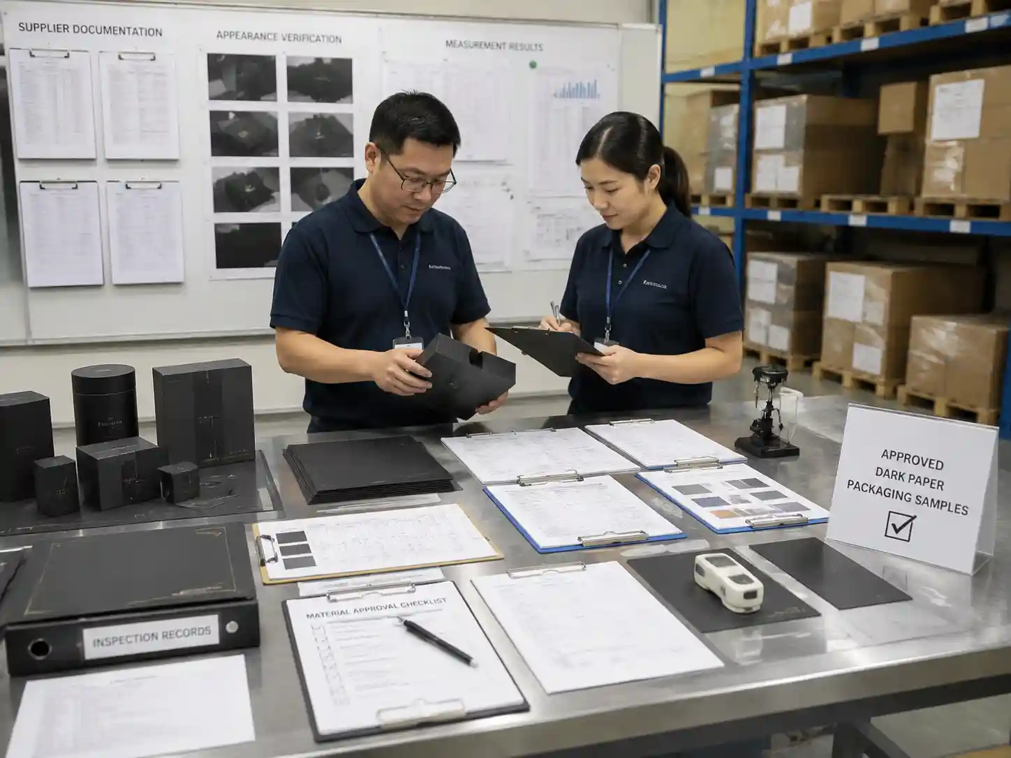 Quality control staff verifying dark paper packaging samples with inspection records and approval documents.