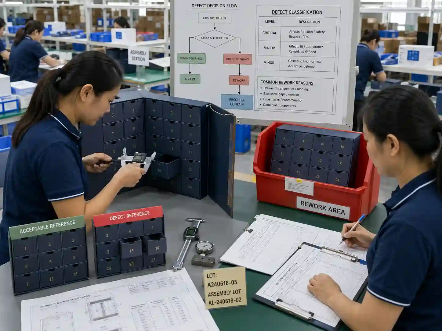 QC inspectors applying packaging defect rework criteria to a binding advent calendar drawer during in-process inspection.