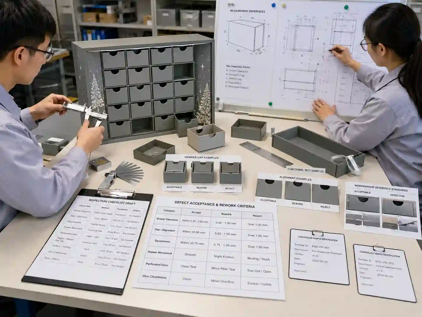 Packaging engineers defining measurable acceptance and rework limits for advent calendar box defects.