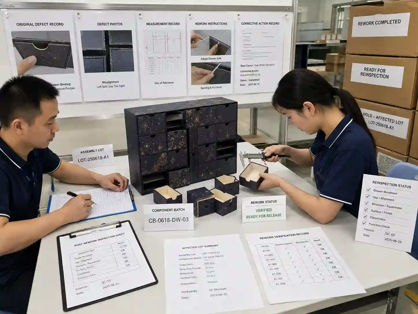 QC staff verifying reworked advent calendar boxes with traceable inspection and corrective-action records.