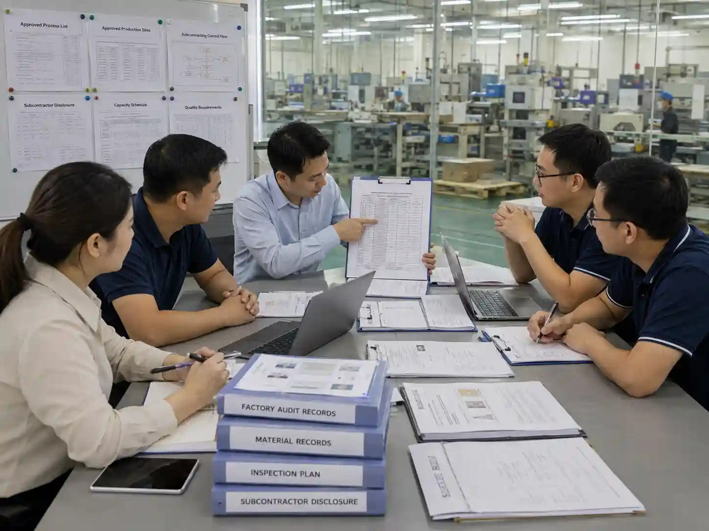 Packaging buyers reviewing approved subcontracting terms, factory records, production processes, and supplier documentation.