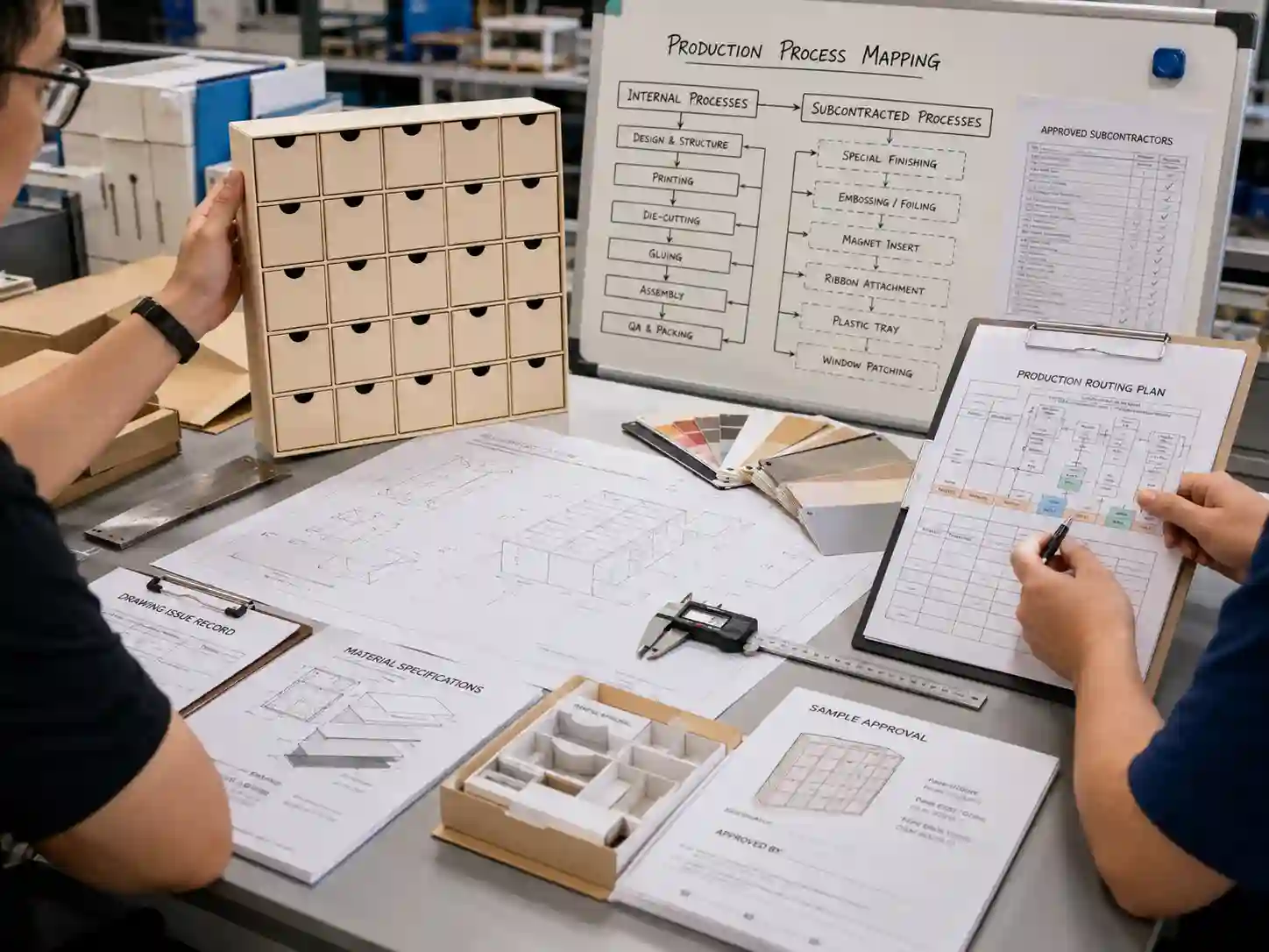 Packaging engineers verifying drawings, samples, specifications, and production routing before approving subcontracted work.
