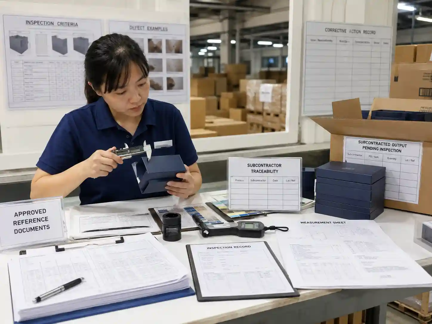 Quality staff checking subcontracted packaging with inspection records, measurements, traceability documents, and corrective-action evidence.