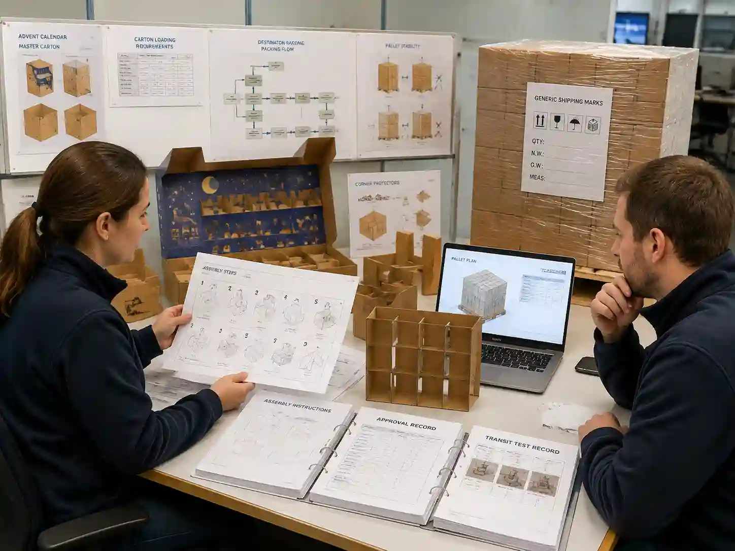Packaging specialists reviewing co packer assembly instructions with carton plans, pallet layouts, and approval records for destination assembly.