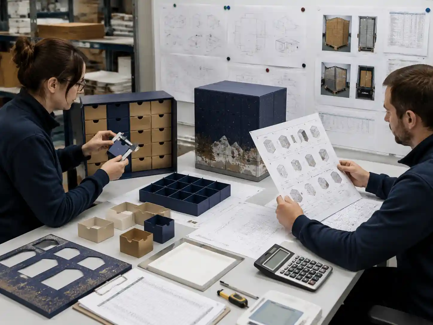Packaging engineers creating assembly drawings, component checks, and transport planning records for destination co packer operations.