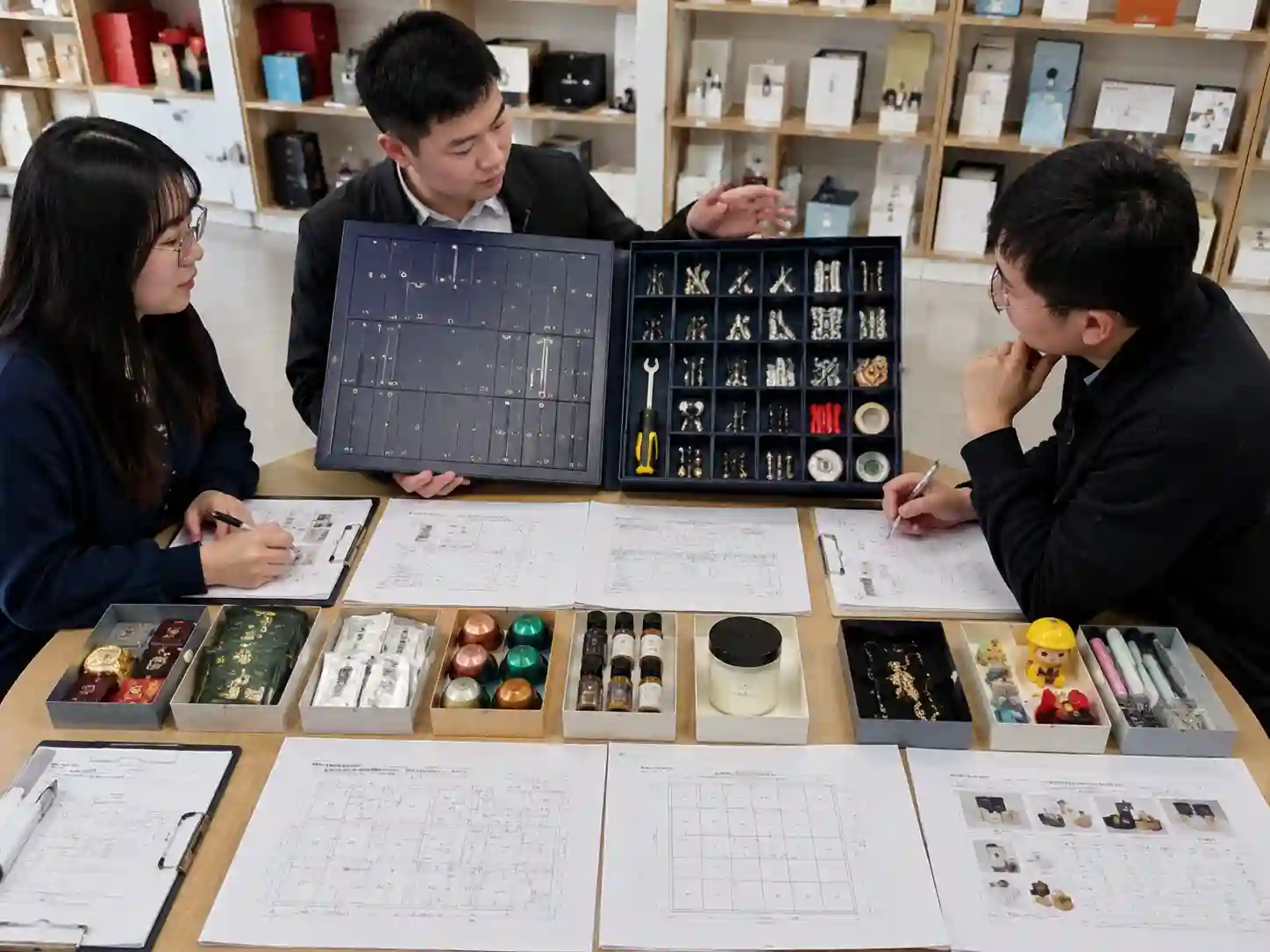 Packaging specialists reviewing a small hardware accessory advent calendar compartment layout with product samples and structural drawings.