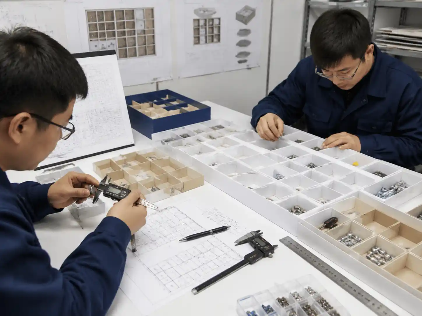 Packaging engineers testing compartment fit and insert structure for small hardware accessory calendar packaging.