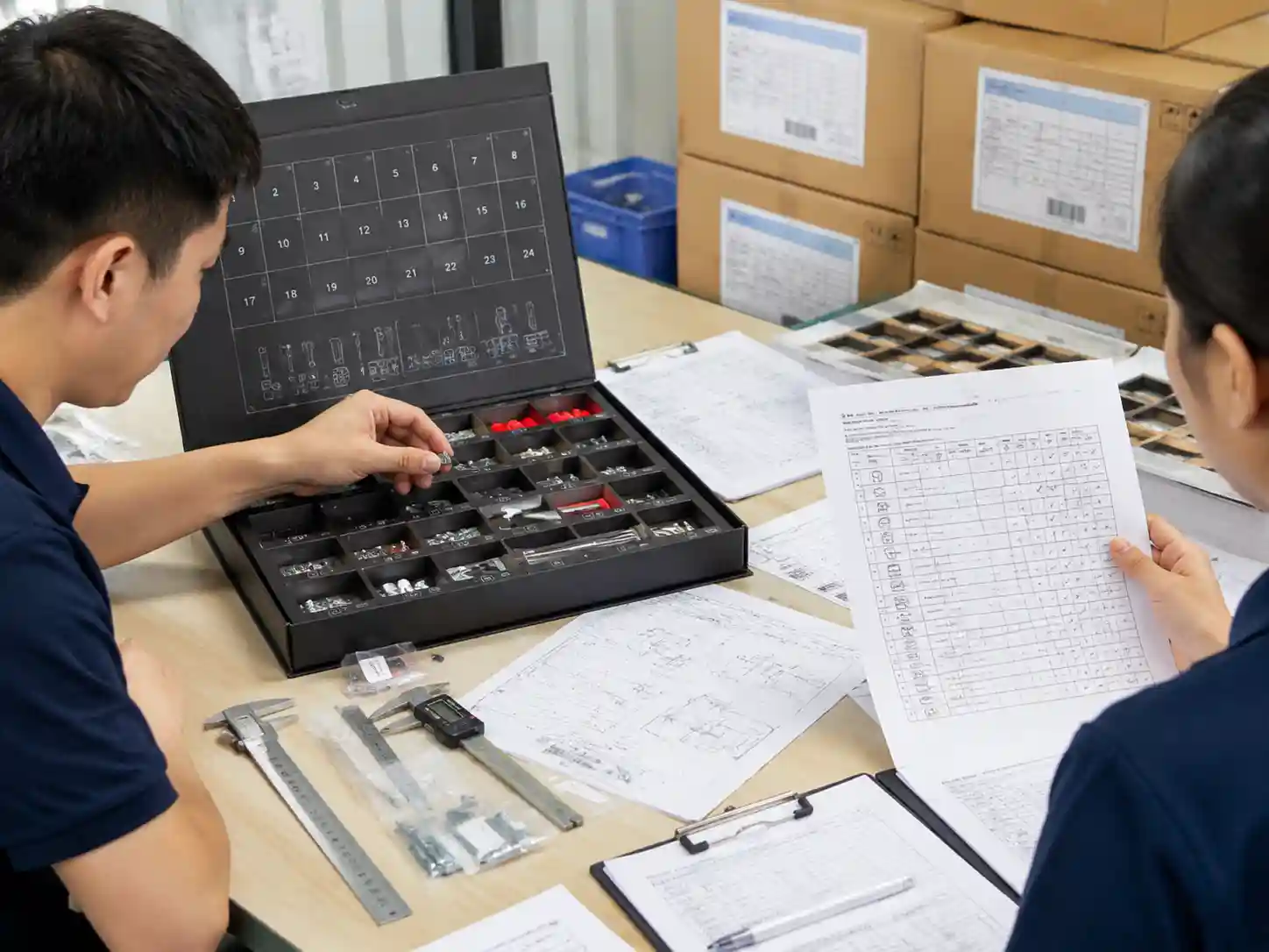 Quality inspection team verifying measurements, product fit, and packing records for a hardware accessory advent calendar.