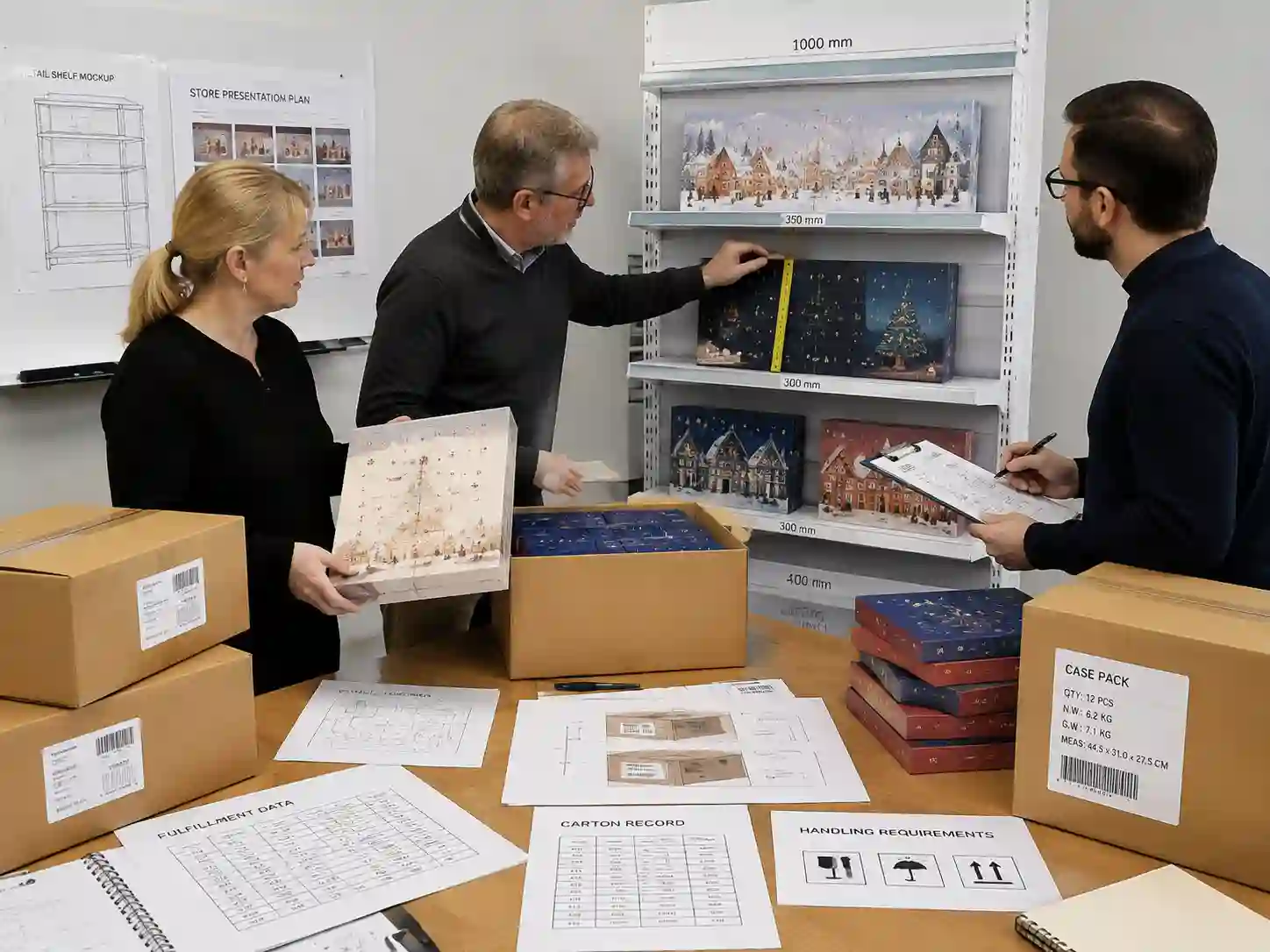 Retail packaging specialists reviewing advent calendar store display design before countdown launch.