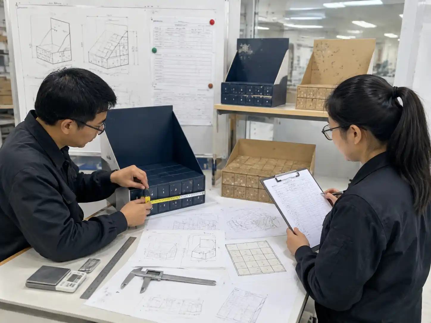 Packaging engineers testing advent calendar display dimensions and retail structure.