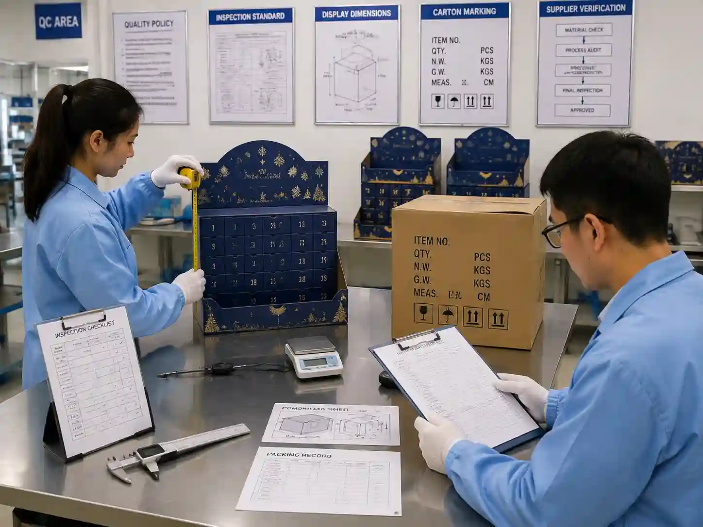 QC staff verifying advent calendar retail display packaging measurements and approval records.