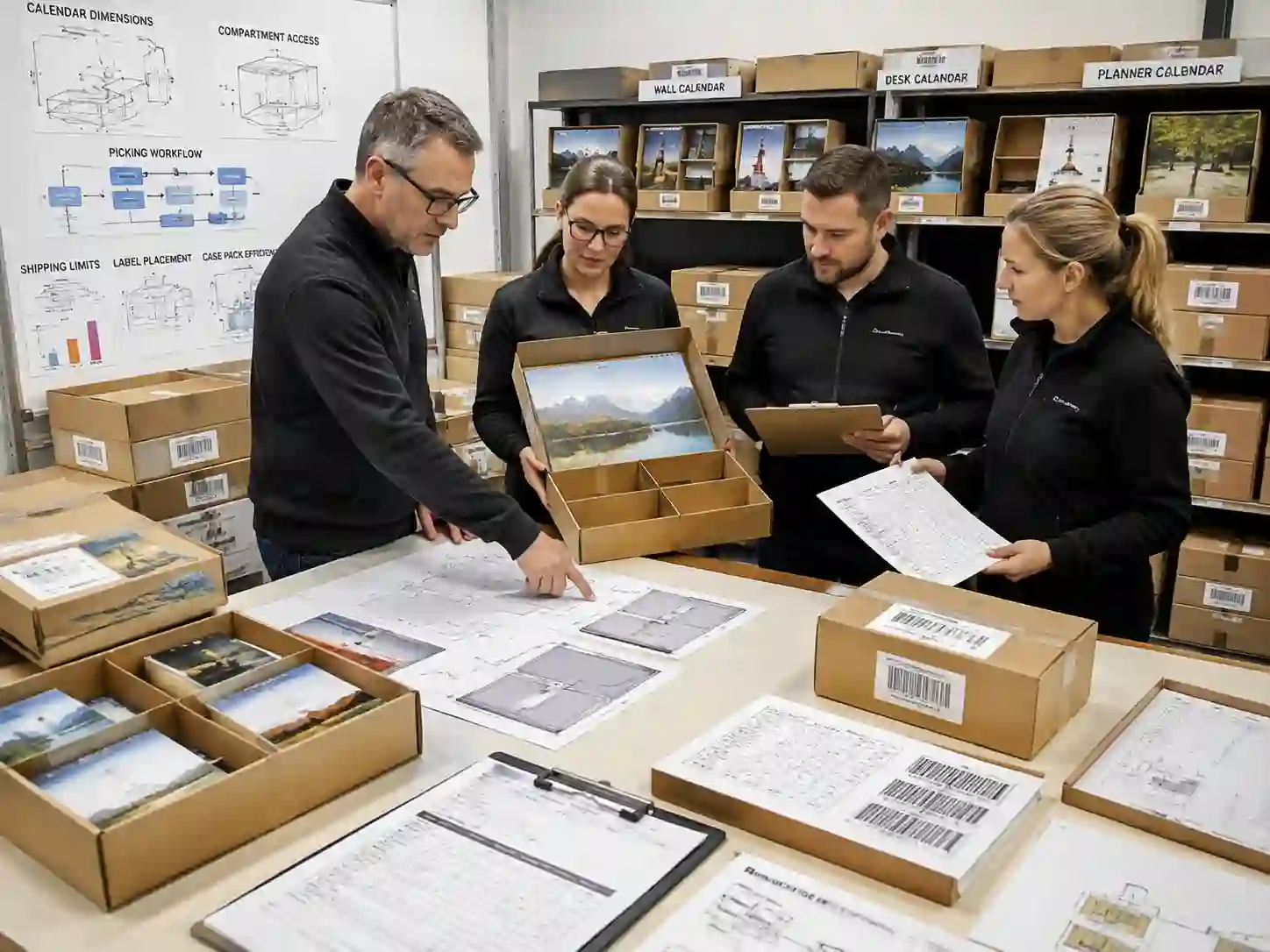 Packaging specialists reviewing subscription fulfillment advent calendar design with case packs, labels, cartons, and fulfillment documents.