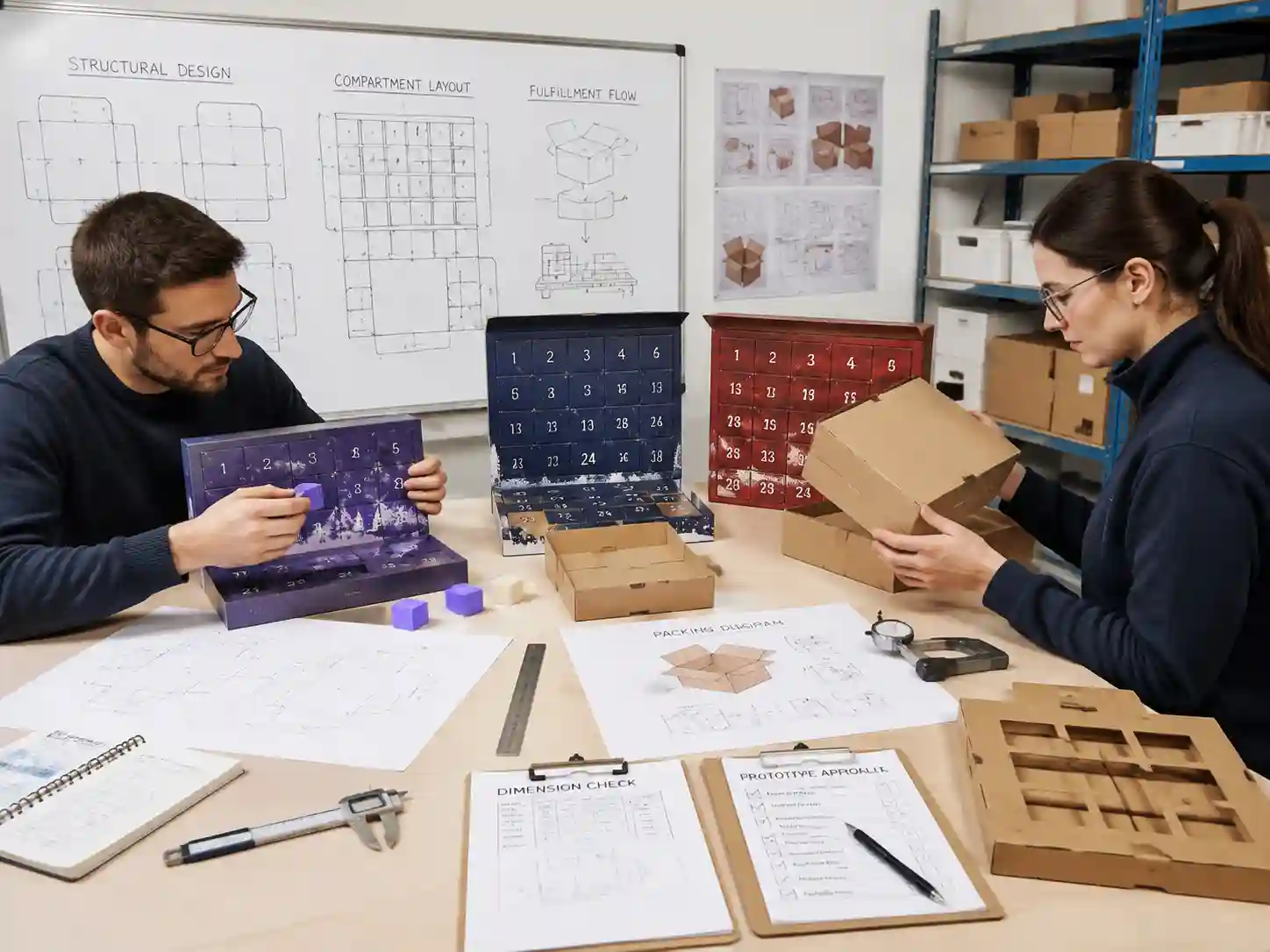 Packaging engineers testing advent calendar prototypes for subscription fulfillment operations with drawings and measurements.