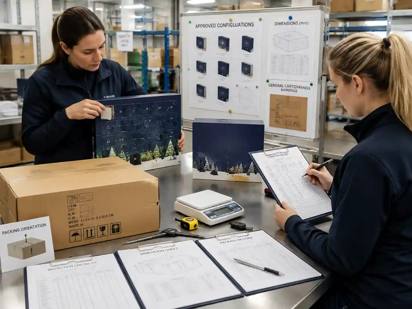 Quality inspectors verifying subscription fulfillment advent calendar packaging with records, measurements, and packing checks.