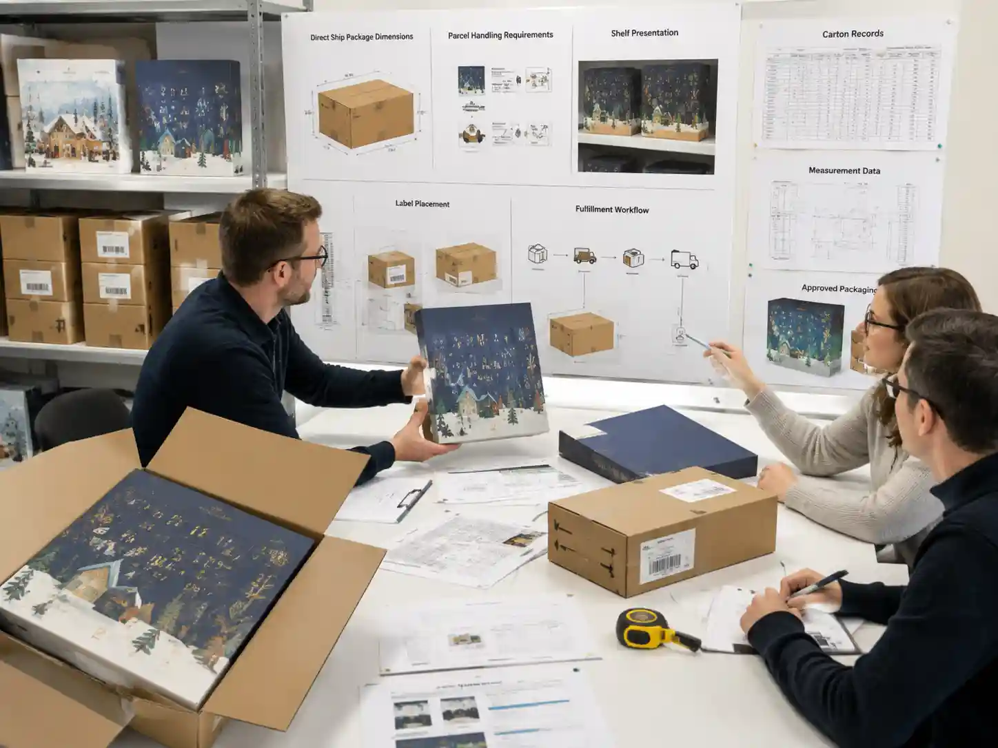 Packaging specialists reviewing ship ready advent calendar packaging dimensions and fulfillment requirements.