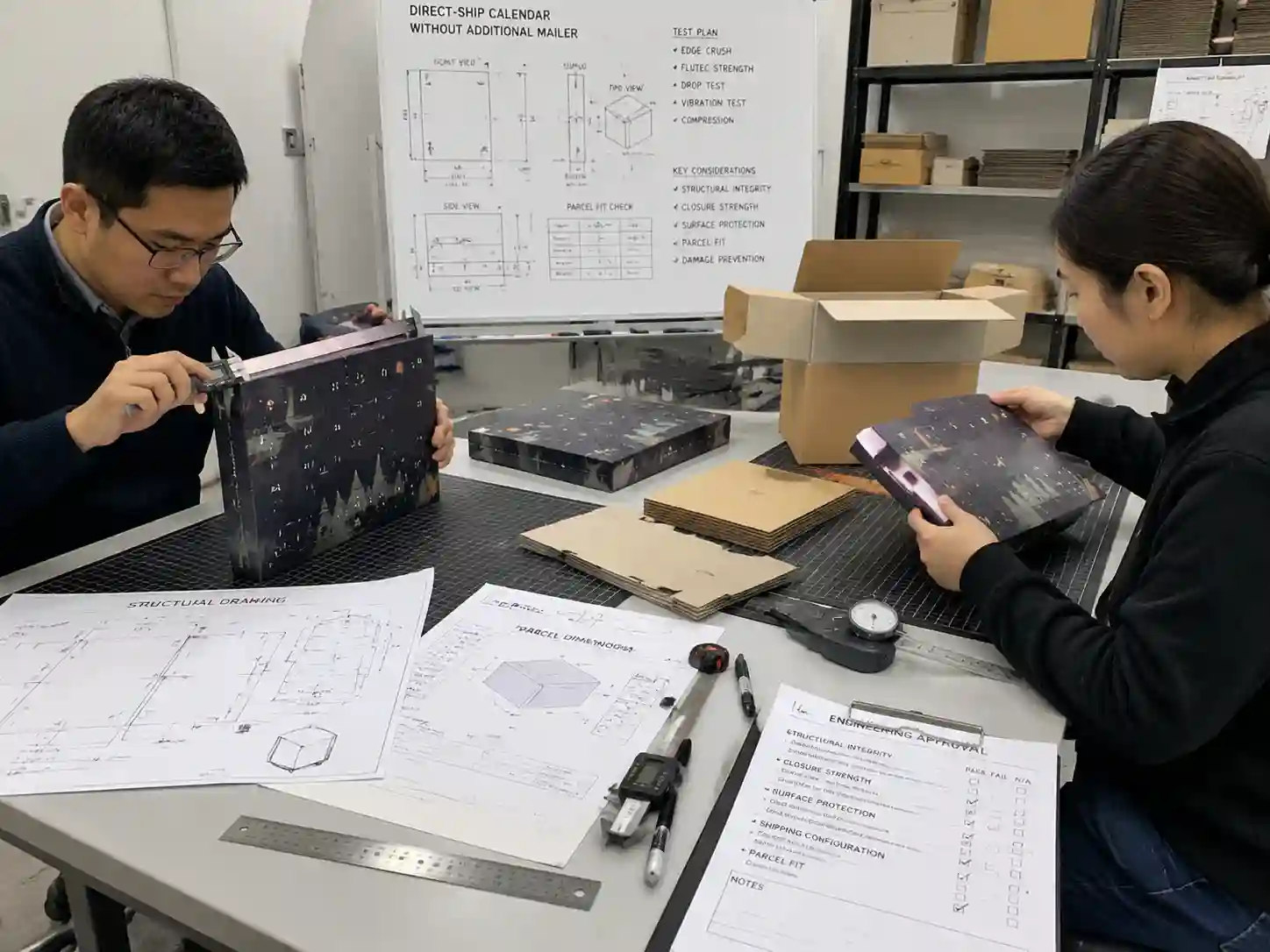 Engineers testing advent calendar packaging structure for direct shipment without an additional mailer.