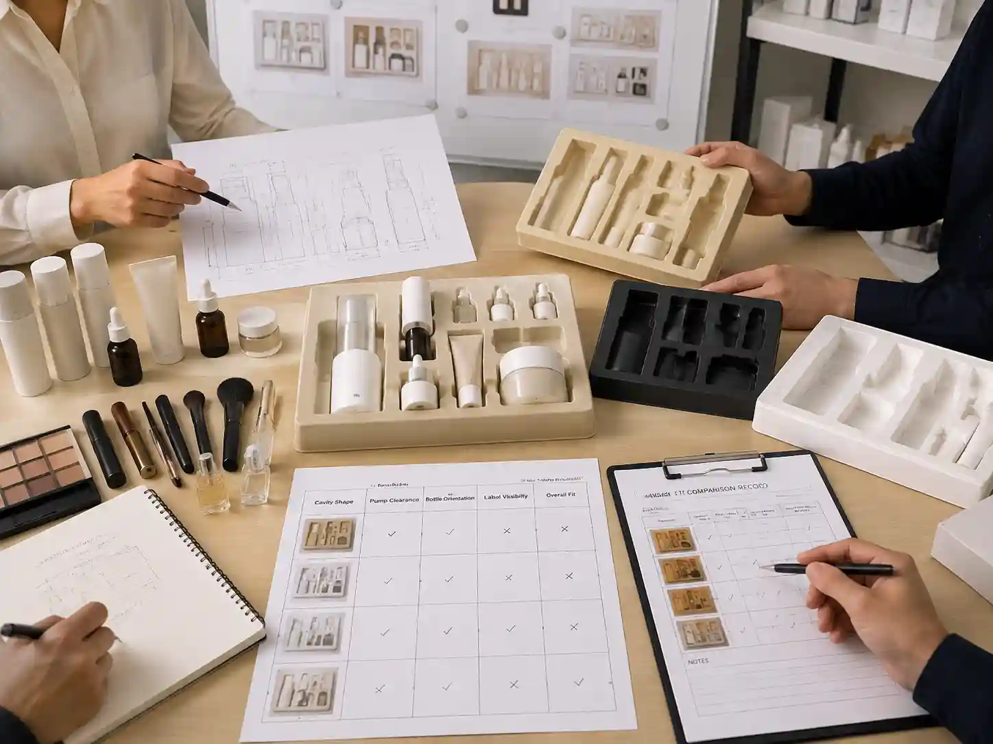 Packaging specialists reviewing airless skincare bottle advent calendar insert compartment designs with fit samples and measurements