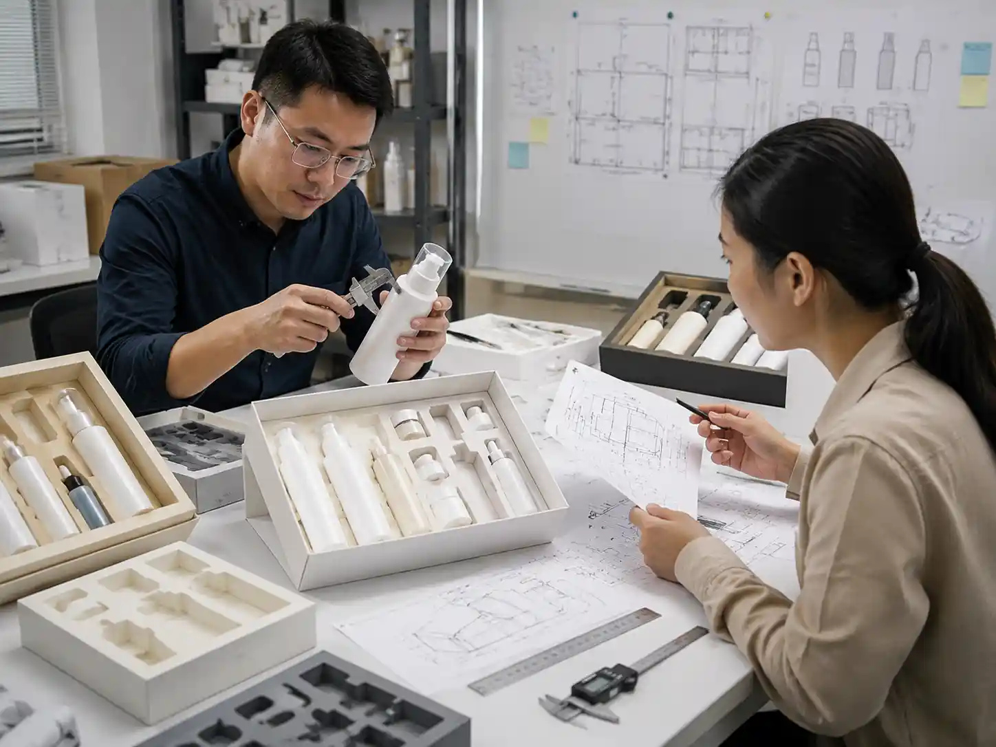 Packaging engineers testing airless skincare bottle insert cavities with prototypes and measurement tools