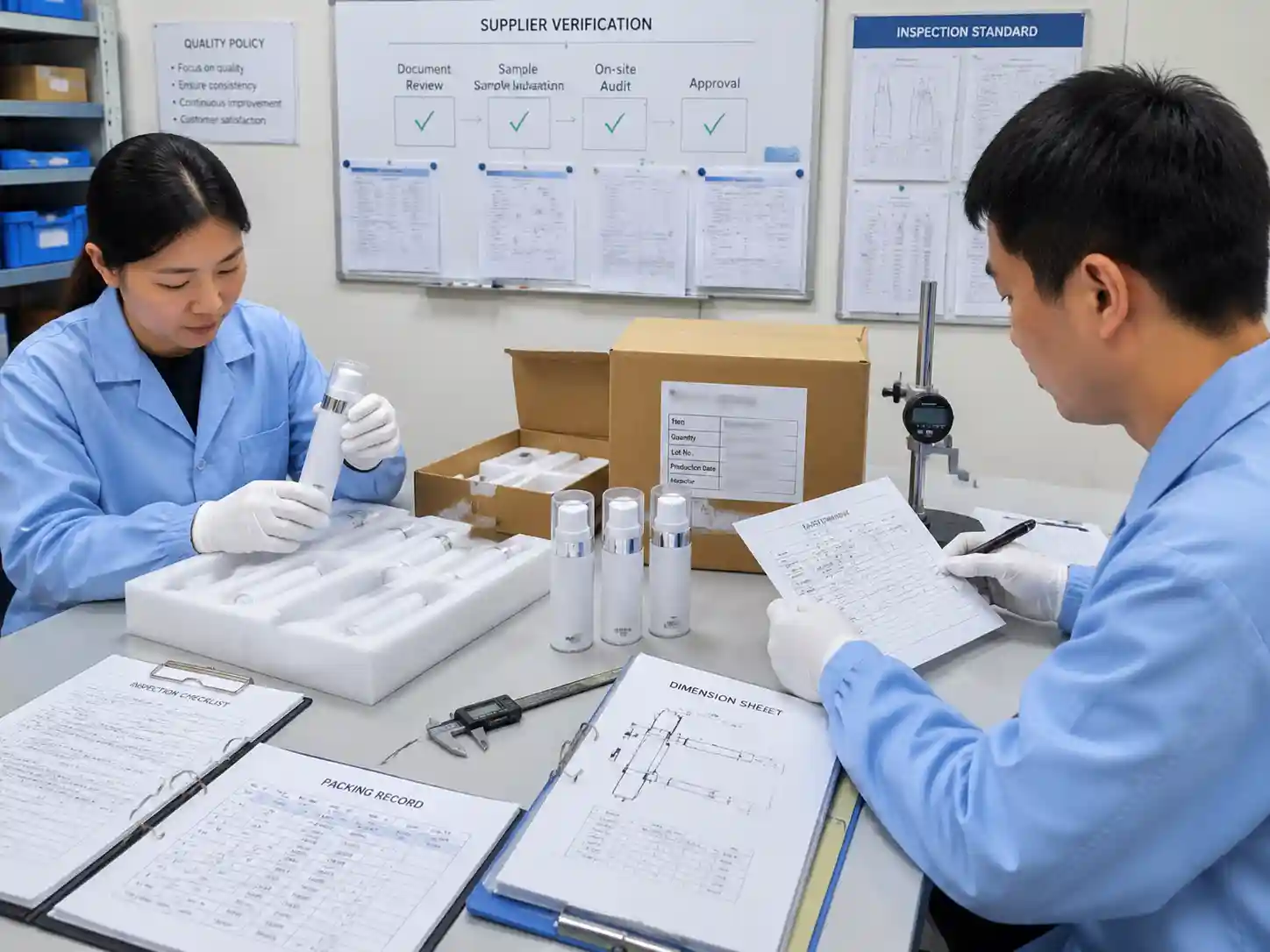 QC inspectors verifying airless skincare bottle advent calendar insert fit with records and measurements