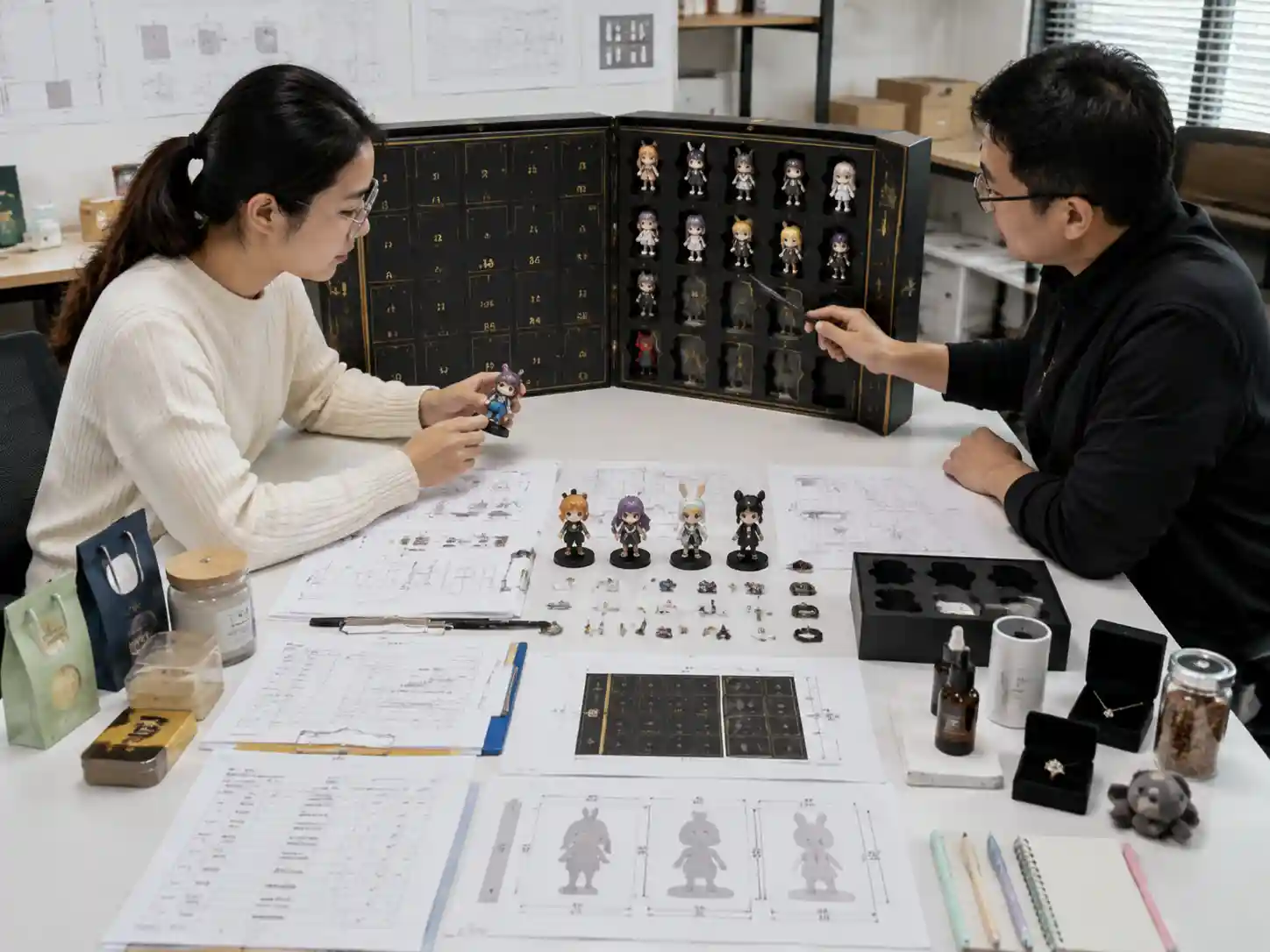 Packaging specialists reviewing mixed shape collectible figure compartment design with cavity layouts and approval records.