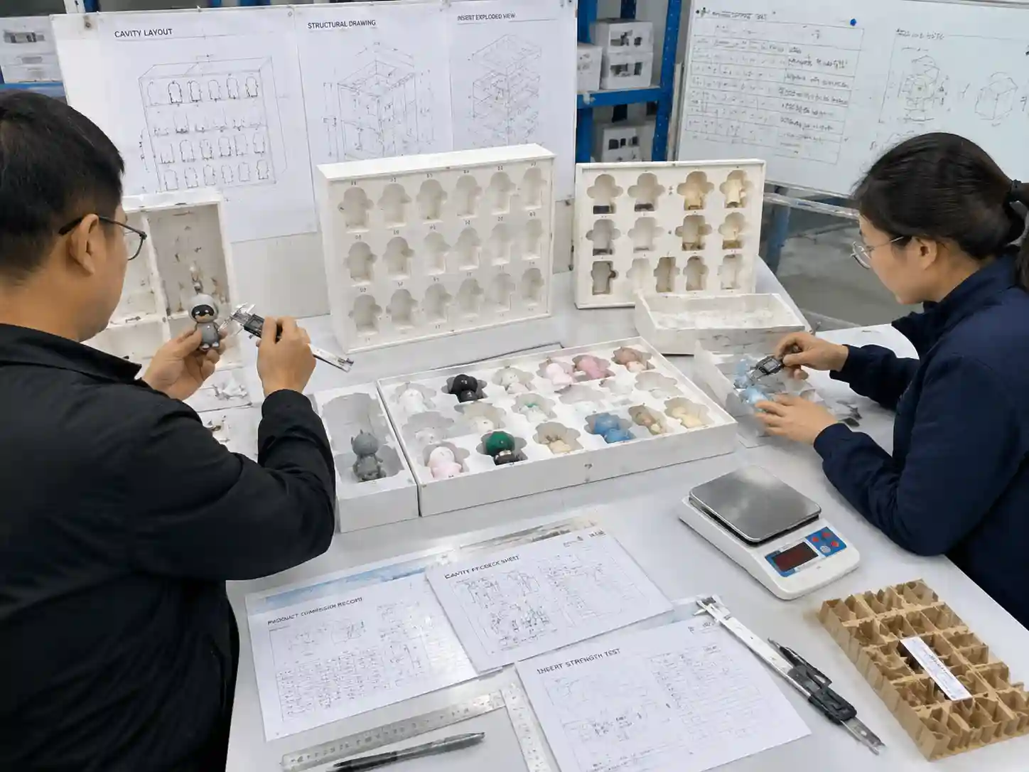 Packaging engineers testing prototype inserts for collectible figures with different shapes and measurements.