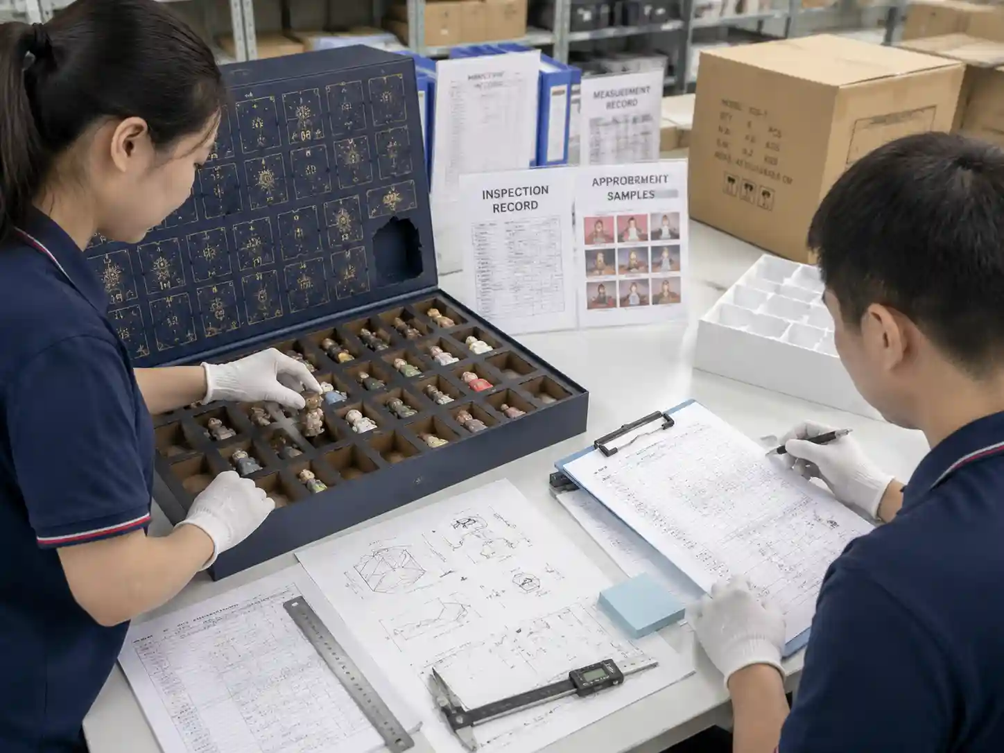 Quality inspection of collectible figure advent calendar compartments with measurement records and packing checks.