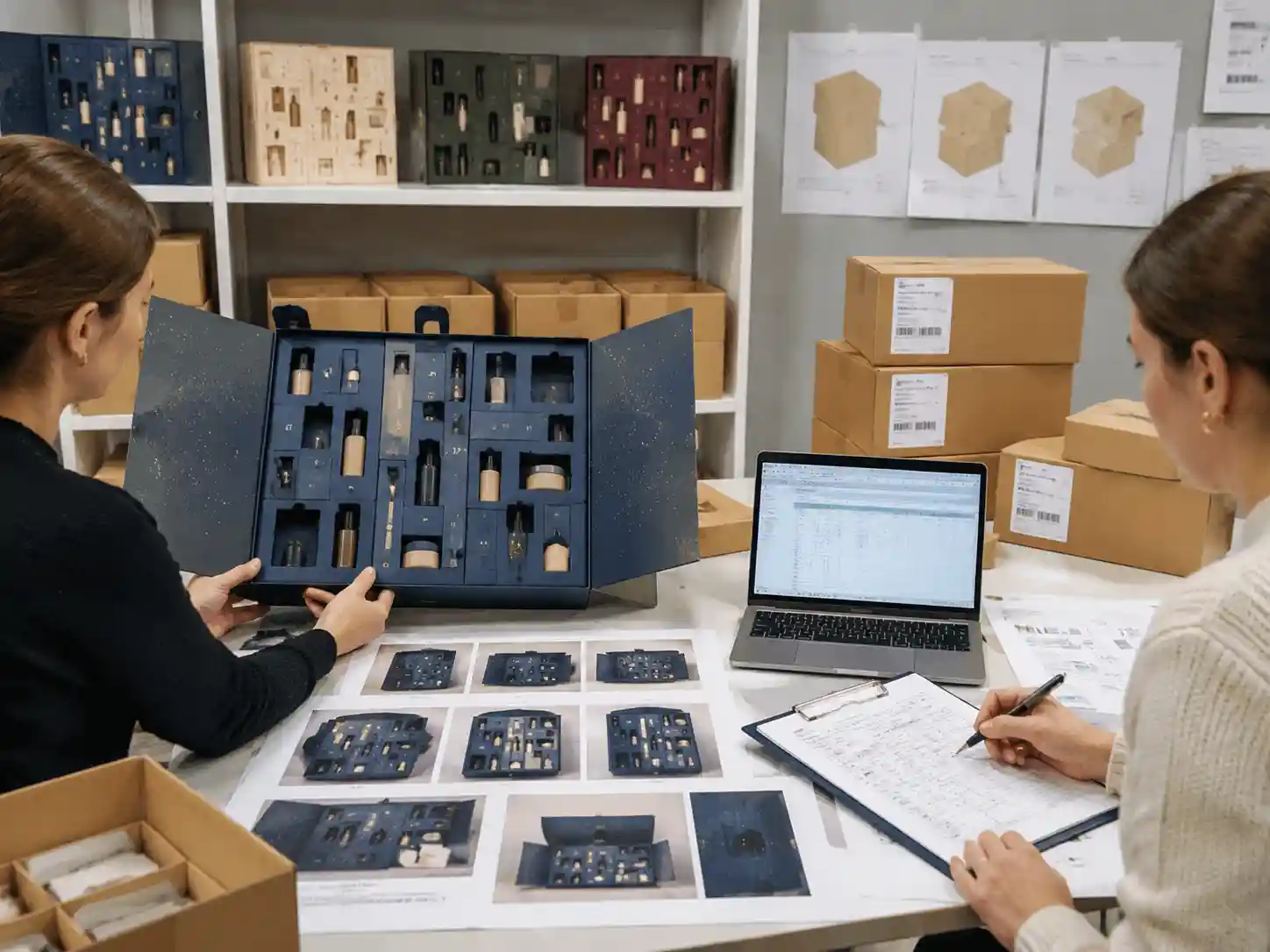 Packaging specialists reviewing influencer unboxing compartment design with calendar layouts, fulfillment records, and retail packaging samples.