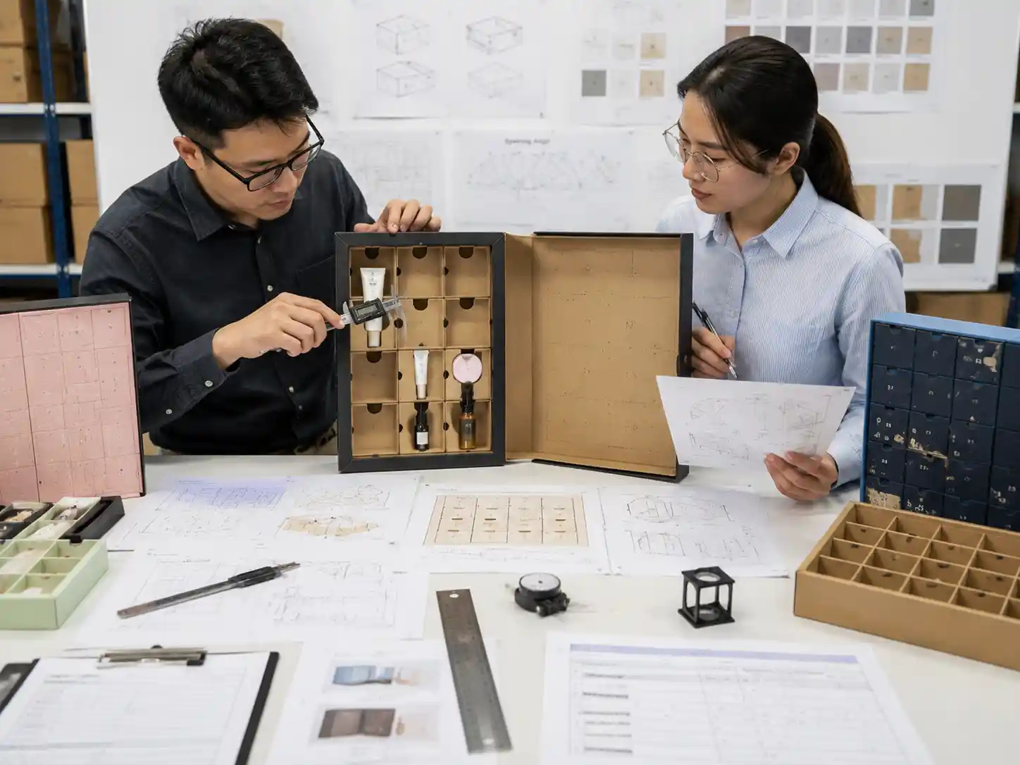 Packaging engineers testing advent calendar compartments with prototypes, measurements, drawings, and product placement checks.