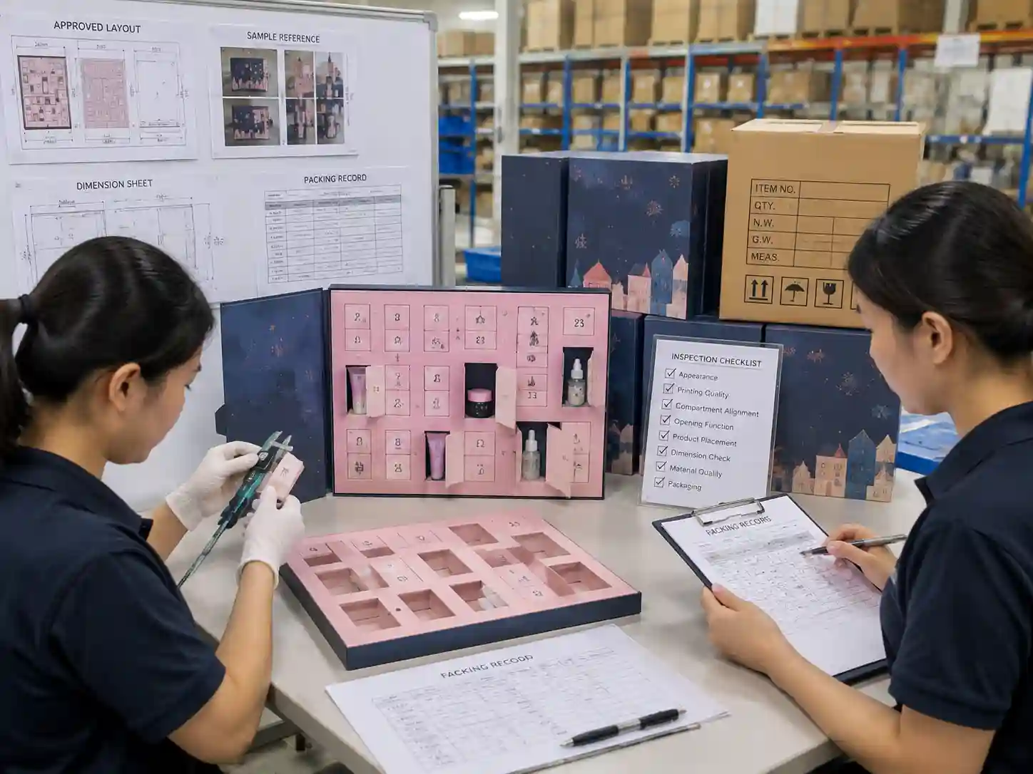 QC inspectors verifying advent calendar compartment layout with inspection records, measurements, and production samples.