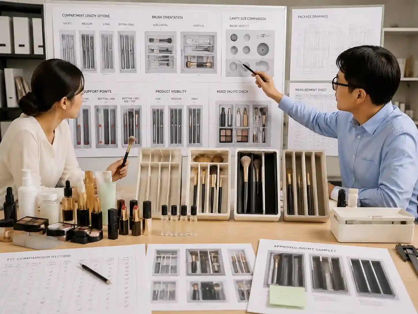 Packaging specialists reviewing makeup brush compartment lengths with mixed beauty product samples and insert layouts