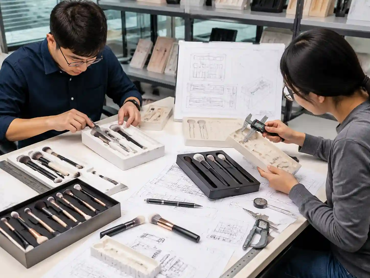 Packaging engineers testing different makeup brush compartment lengths using prototype inserts and measurement tools
