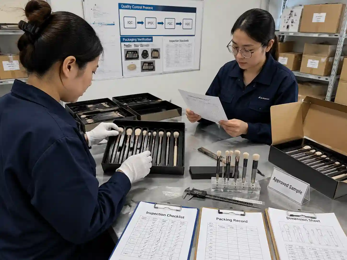 QC staff verifying makeup brush compartment fit, measurements, and packaging approval records